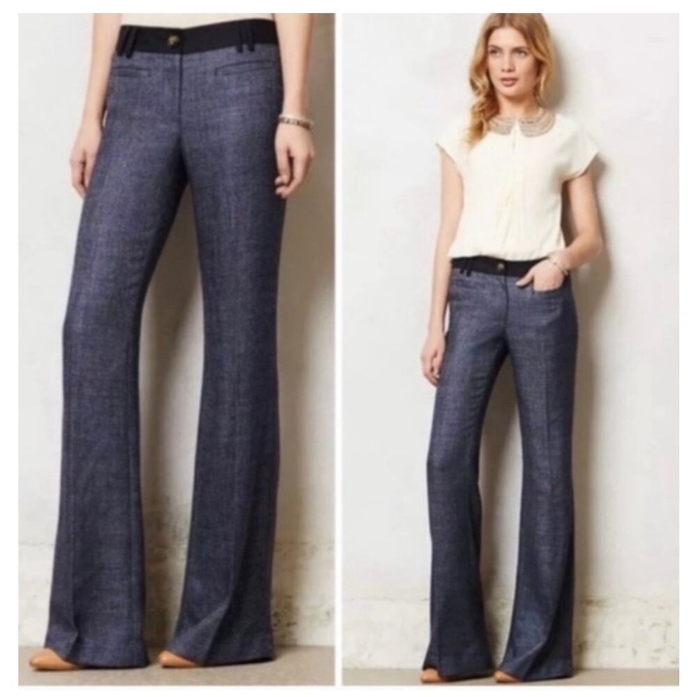Anthropologie Elevenses The Brighton Tweed Navy Trousers Size 4 Straight Leg